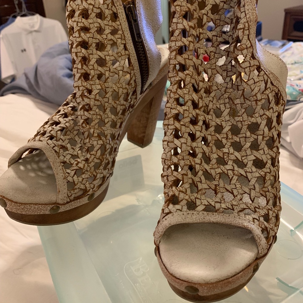 Aged look white cage wooden heel bootie